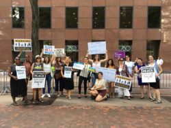 Group photos of protesters on a sidewalk in front of a large building. Signs Read “Protect Roe”; "Senator Schumer, we're showing up so you better step up!"; “How Dare You?” “Kava-hell-nah” and LPJ slogans
