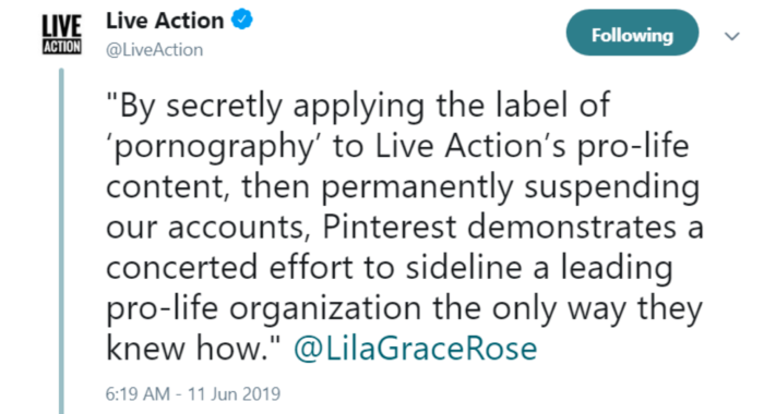 Live Action tweets quote by Lila Rose about being banned from Pinterest 