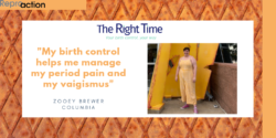 Zooey Brewer, a young woman from Columbia wearing a pale yellow jumpsuit says, “My birth control helps me manage my period pain and my vagismus.”