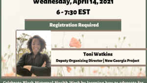 The logos of cosponsoring orgs are across the bottom. Above that: the title, registration required, photo of trainer and description of training. Caption: Join us for our next training, Reproductive Justice as a Civic Engagement Framework, on Thursday, April 14, 6-7:30 pm EST. Link in bio.