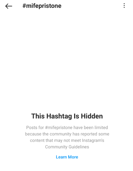 #mifepristone hashtag screenshot of Instagram with words, This Hashtag is hidden.