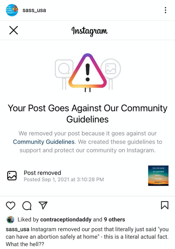 a post from SASS_USA showing that Instagram removed their post about abortion pills because it violated their Community Guidelines