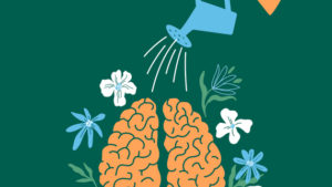 Mental health, mind or psychology therapy vector illustration with human hand watering flowers in brain