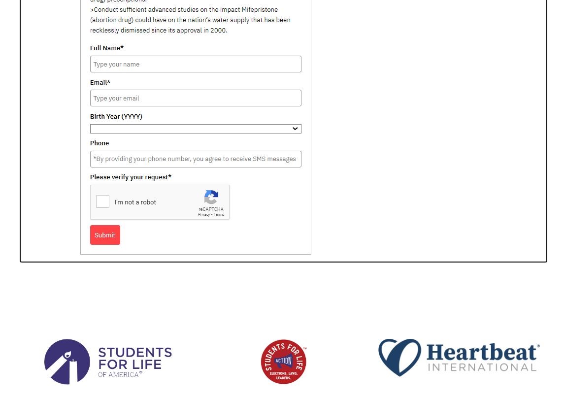 at the bottom of the petition are the logos for Students for Life of America, Students for Life Action, and Heartbeat International