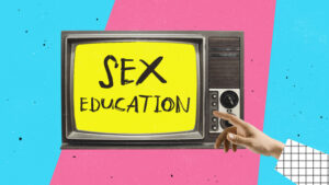 Contemporary art collage. Retro TV set giving translation about sexual education isolated over pink and blue background