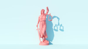 Pink Lady Justice Statue Personification of the Judicial System Traditional Protection and Balance Moral Force for Good and Lawfare Pastel Blue Background