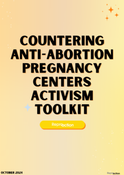 States "Countering Anti-Abortion Pregnancy Centers Activism Toolkit. October 2024." Text is on a gradient yellow orange background with Reproaction logo.