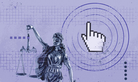 Creative collage statue Themis with scales of justice