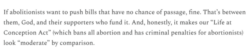 A screenshot of text from a February 4, 2026 Substack post written by Kristan Hawkins. The text reads, “If abolitionists want to push bills that have no chance of passage, fine. That’s between them, God, and their supporters who fund it. And, honestly, it makes our ‘Life at Conception Act’ (which bans all abortion and has criminal penalties for abortionists) look ‘moderate’ by comparison.