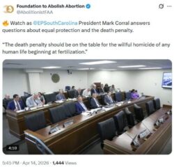 A screen grab of tweet from @abolitionistFAA: “[fire emoji] Watch as @EPSouthCarolina President Mark Corral answers questions about equal protection and the death penalty. “The death penalty should be on the table for the willful homicide of any human life beginning at fertilization.”” With image of half-full hearing room.