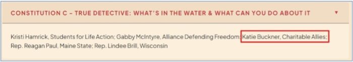 Reproaction a screenshot from the agenda for the Students for Life 2026 Pro-Life Summit of the session “True Detective: What’s in the Water and What Can You Do About It.” Buckner’s name is highlighted for emphasis.