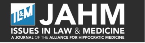 a screenshot of the banner on the page for Issues in Law and Medicine that describes the journal as a journal of the Alliance for Hippocratic Medicine. Reproaction